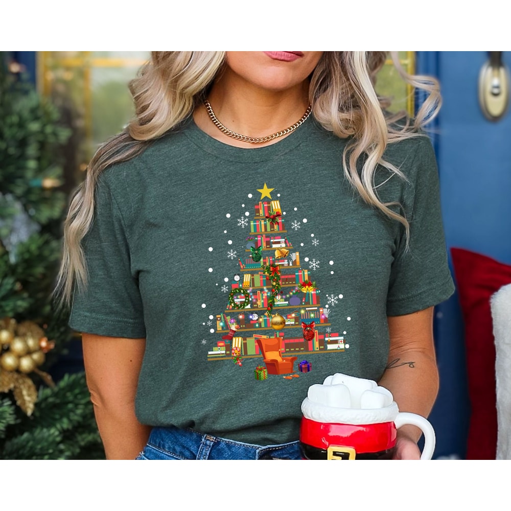 Book Tree Christmas Shirt, Christmas Tree Made of Books Shirt, Gift for Book Lover, Gift For Teachers, Bookworm Christmas Shirt, Xmas Shirt 1.jpg