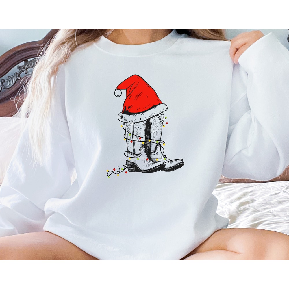 Christmas Cowgirl Boots Sweatshirt, Western Christmas for Women, Cute Country Hoodie, Christmas Cowgirl Sweater, Country Concert Hoodie.jpg