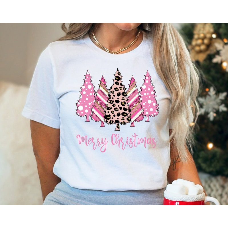 Christmas Shirt, Merry Christmas Pink Christmas Trees Shirt, Leopard Print Christmas Shirt, Holiday Shirt, Cute Christmas Tee, Leopard Shirt.jpg