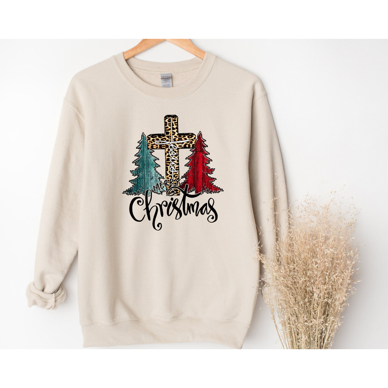 Christmas Sweatshirt, Buffalo Plaid Christmas, Merry Christmas Sweatshirt, Leopard Sign Of the Cross Sweatshirt, Christmas Gift,Holiday Gift.jpg