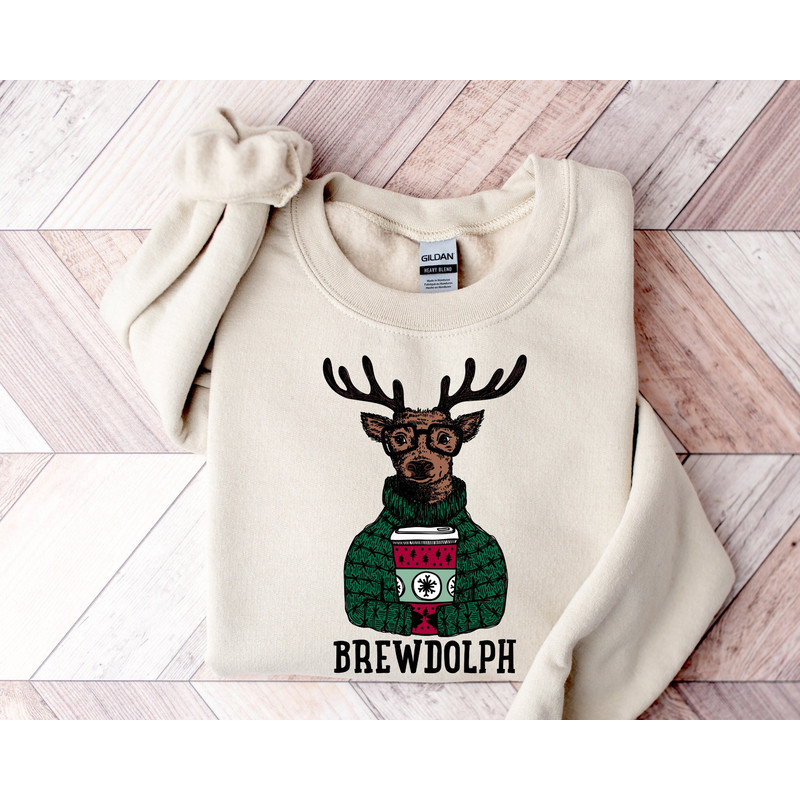 Christmas Sweatshirt, Christmas Coffee Sweater, Brewdolph Sweatshirt, Coffee Lover Gift, Reindeer Sweatshirt, Christmas Holiday Party Hoodie.jpg