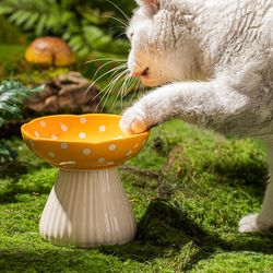 Mushroom Elevated Cat Bowl - Ceramic Raised Cat Bowl for Food, Water - Lifted Food Bowls for Cat, Small Dog