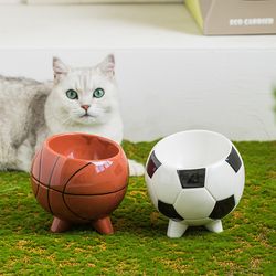football basketball ceramic cat bowl - cute elevated slanted shallow angled cat dish - personalized pet feeder for food