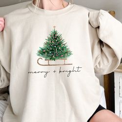 merry and bright sweatshirt, christmas sweatshirt for women, christmas hoodie, christmas tree sweatshirt, holiday sweats