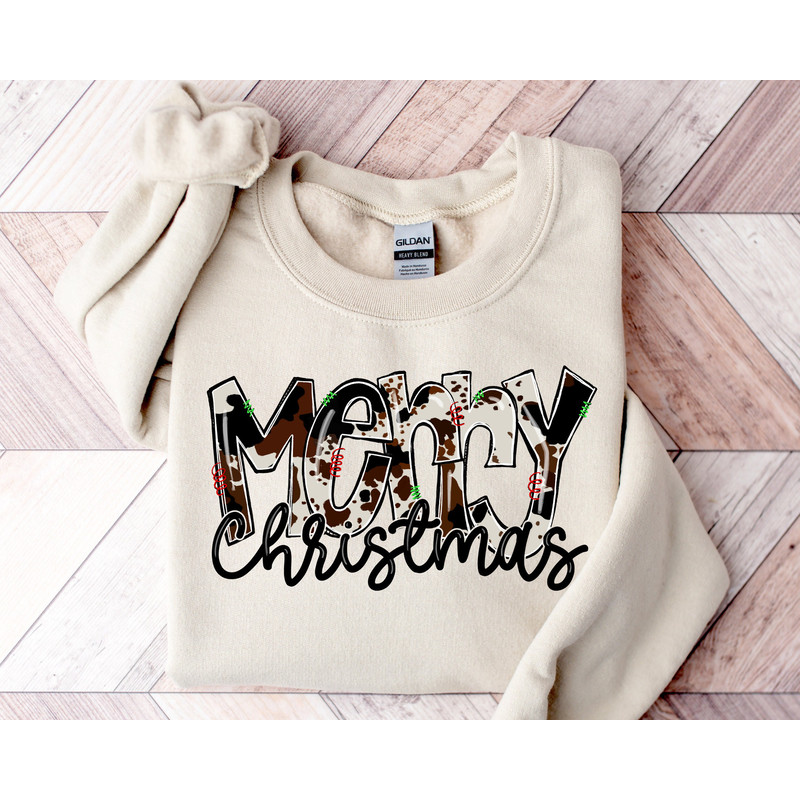 Merry Christmas Sweatshirt, Buffalo Plaid Merry Christmas Sweatshirt, Cow Pattern Hoodie, Western Christmas Sweatshirt, Xmas Gift.jpg