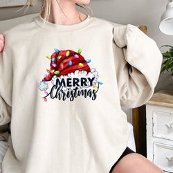 merry christmas sweatshirt, santa hat sweatshirt, merry christmas hoodie for women, christmas lights, holiday sweatshirt