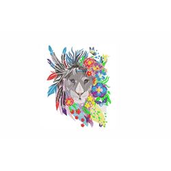 Lion in Colorful Flowers & Feathers Machine Embroidery Design. 5 sizes. Lion Embroidery Design