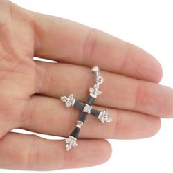 CROSS PENDANT CHARM plated in white gold 750 18K and with white crystals & Onyx stones Original For necklace or bracelet