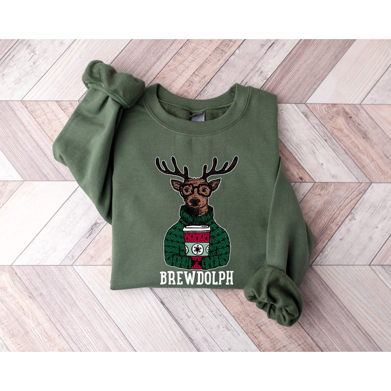 Brewdolph Sweatshirt, Christmas Sweatshirt, Christmas Coffee Sweater, Reindeer Sweatshirt, Christmas Holiday Party Shirt, Coffee Lover Gift.jpg
