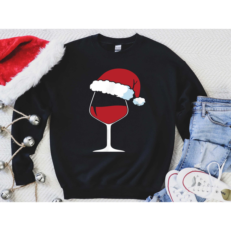 Christmas Wine Sweatshirt, Santa Wine Glass Shirt, Christmas Santa Hat Shirt, Christmas Wine Glass Shirt, Red Wine Glass, Christmas Tee.jpg