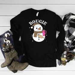 bougie snowman long sleeve shirt, boojeesnowman leopard print shirt, winter long sleeve shirts, long sleeve shirts, wome