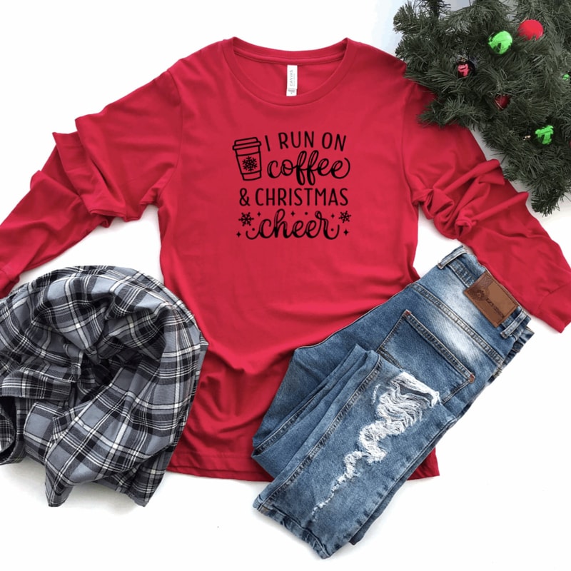 Christmas Shirts, I Run On Coffee and Christmas Cheer Shirt, Long Sleeve Christmas Shirt, Merry Christmas Shirt, Christmas T-Shirt.jpg