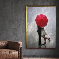 couple hugging canvas art, woman with umbrella canvas print, couple canvas painting, wall art canvas design, framed canv