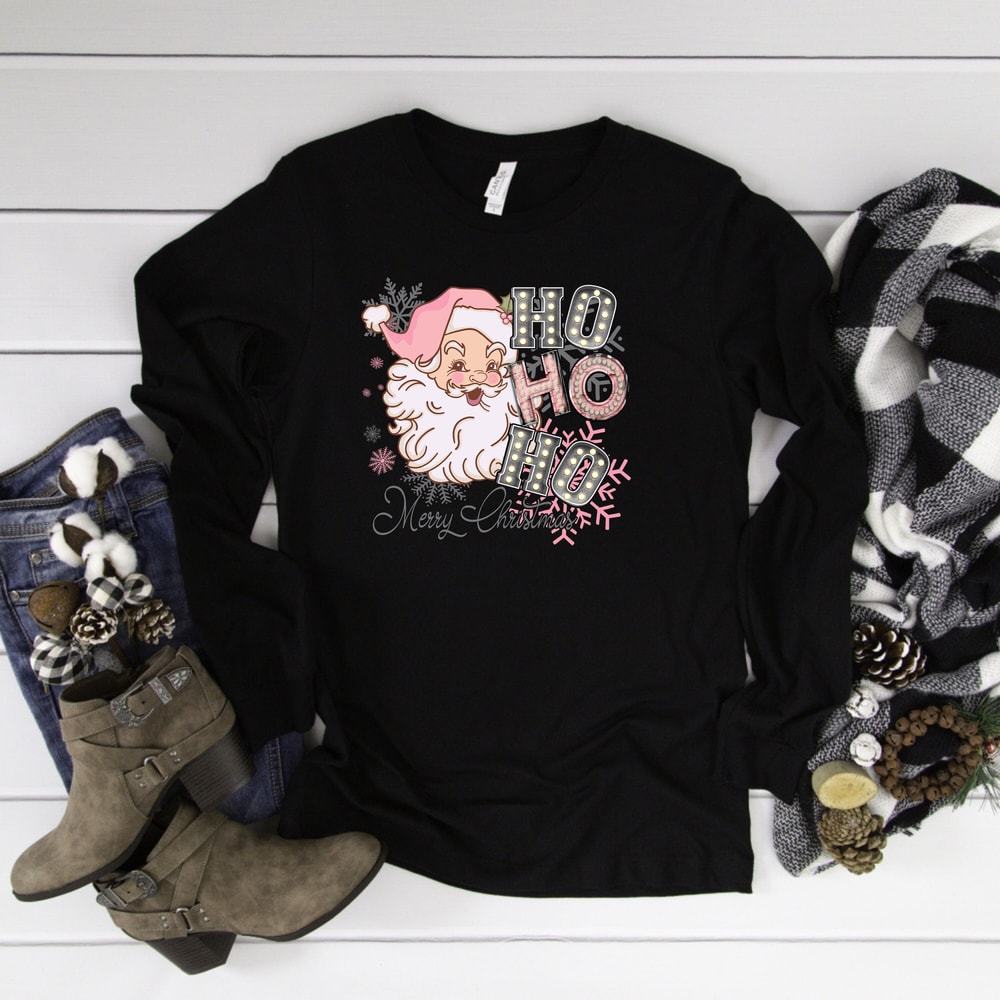 Pink Santa Ho Ho Ho Marquee lights Merry Christmas Shirts, Christmas Shirts, Retro Pink Santa Shirt, Long Christmas Shirts, Christmas Shirts.jpg