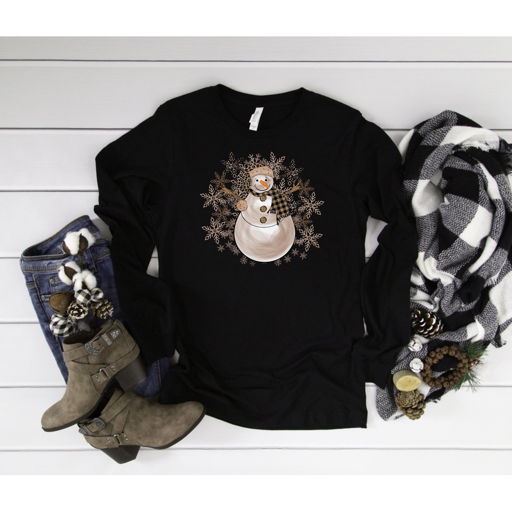 Snowman Long Sleeve Shirt, Snowman Leopard Snowflake Shirt, Winter Long Sleeve Shirts, Long Sleeve Christmas Shirt, Women's Snowman Shirt.jpg