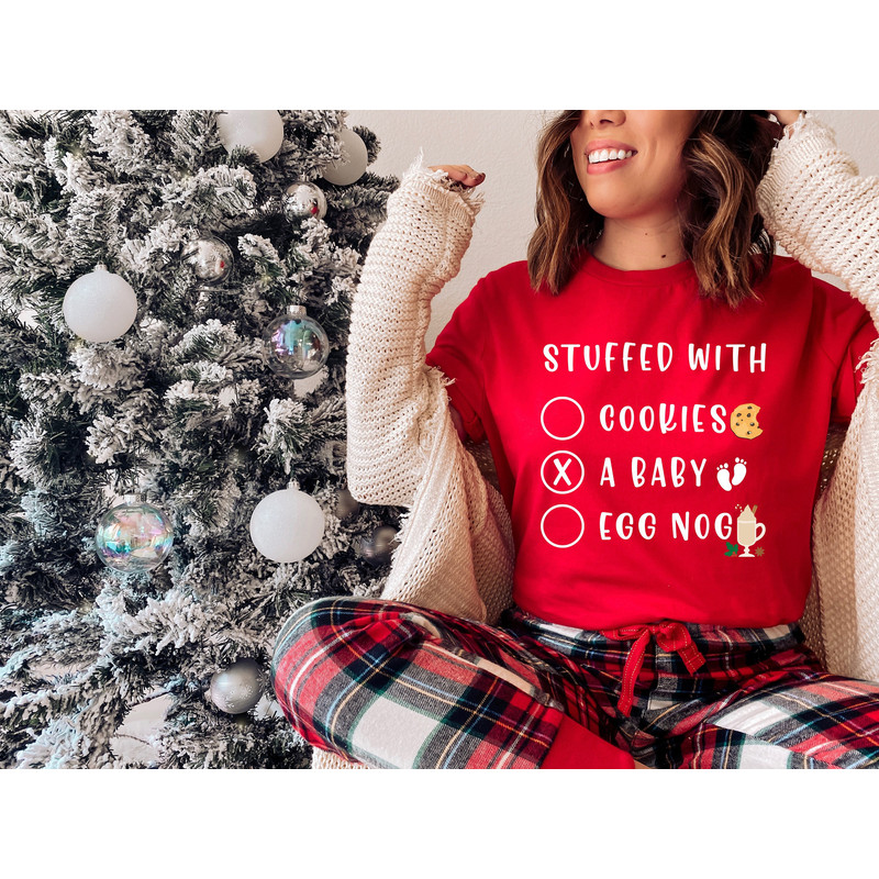 Funny Christmas Pregnancy Shirt, Christmas Pregnancy Announcement Shirt, Stuffed With a Baby Shirt, Christmas Maternity Shirt, Pregnant Tee.jpg