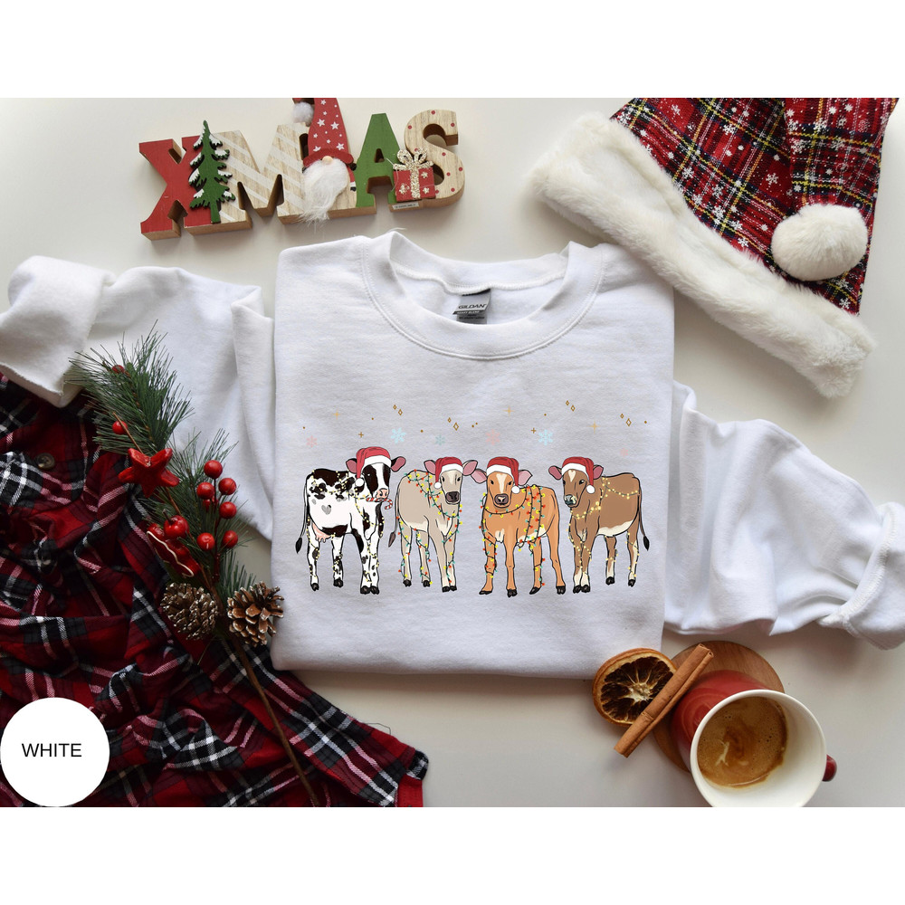 Merry Christmoos Sweater, Cute Cow Christmas Sweatshirt, Christmas Lights and Cows Shirt, Christmas Gift Animal Lover, Cows and Lights Shirt.jpg