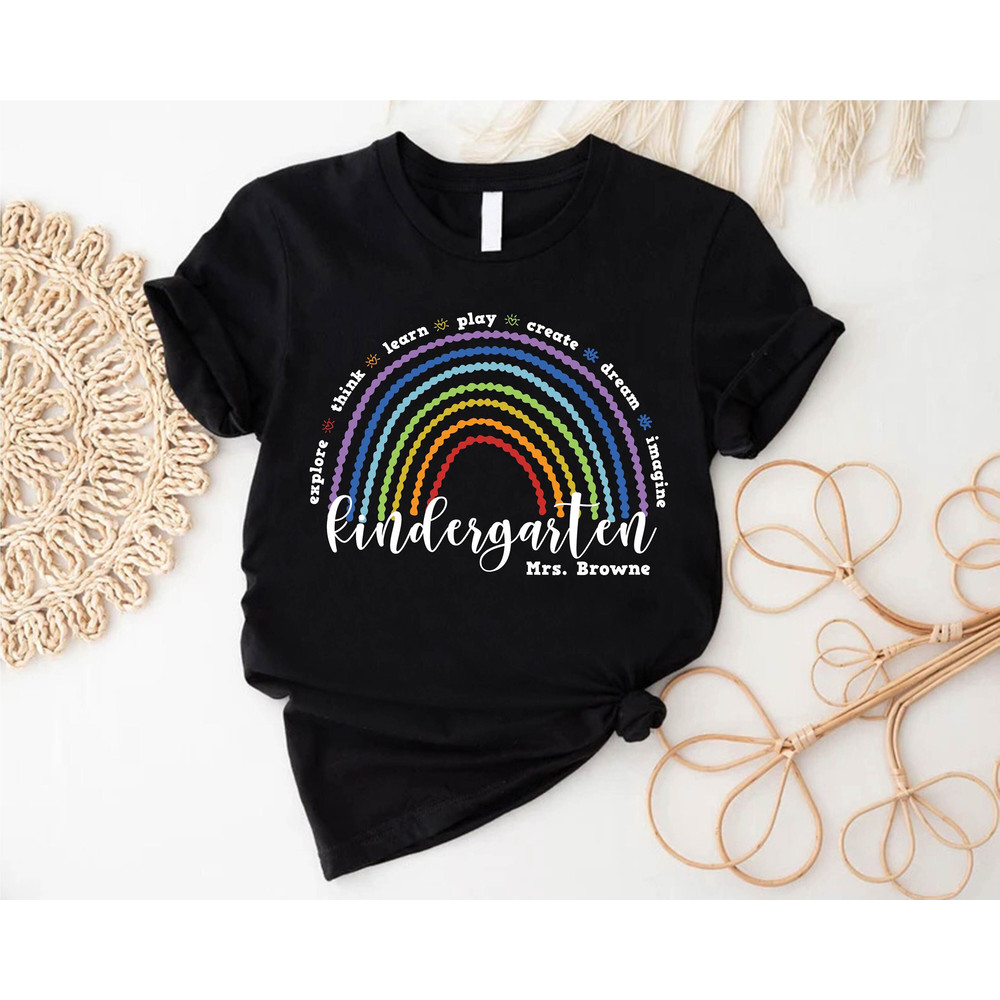 Custom Kindergarten Teacher T-shirt, Back To School Gift, Rainbow Kindergarten Teacher Shirt, Personalized Teacher, First Day of School.jpg