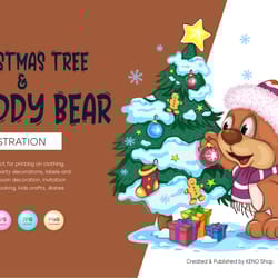 cartoon teddy bear and christmas tree.