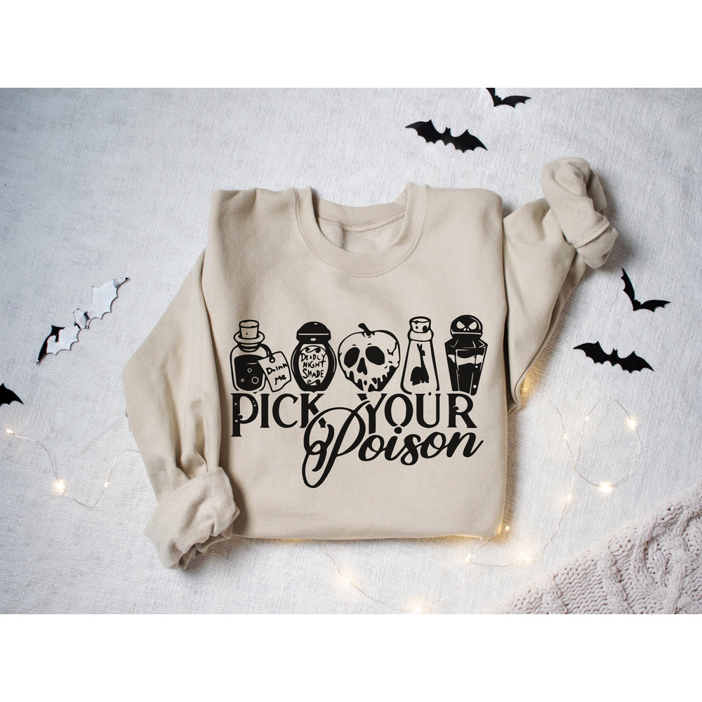 Pick Your Poison Sweatshirt, Halloween Sweatshirt, Villain Halloween Shirt, Spooky Halloween Shirt, Retro Villain Shirt, Halloween Shirt.jpg