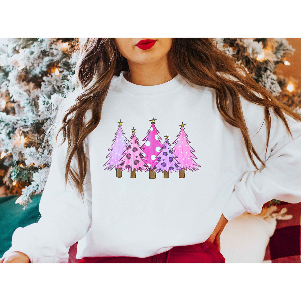 Pink Christmas Tree Sweatshirt, Minimalist Christmas Shirts, Vintage Christmas Sweater, Retro Crewneck Sweatshirt, Christmas Family Gift.jpg