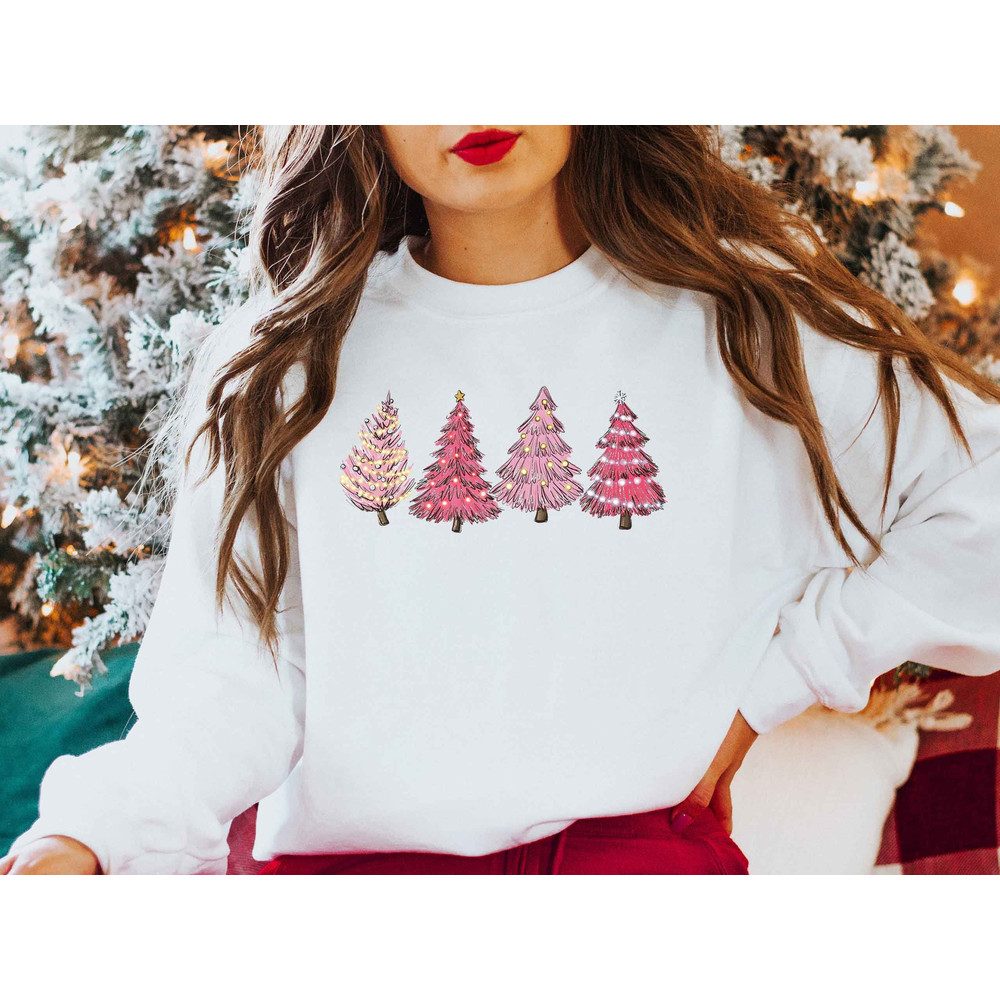 Pink Christmas Tree Sweatshirt, Minimalist Christmas Shirts, Vintage Christmas Sweater, Retro Crewneck Sweatshirt, Christmas Gift, XMAS Gift.jpg