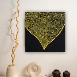 tree gold leaf original acrylic painting, wall art, leaf art, gold leaf wall art, poster, leaf on black, acrilic art