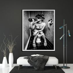 woman on toilet wall art, girl on toilet print, funny bathroom wall art, woman smoking , modern wall art, woman drinking