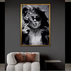 black and white canvas print, cool woman smoking artwork, female art