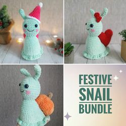 Festive snail bundle crochet pattern, amigurumi snail, Christmas pattern, Valentines snail, pumpkin snail
