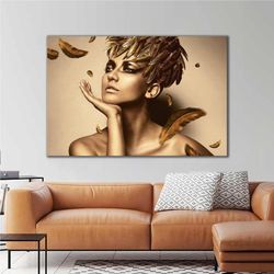 golden feather hair woman model woman makeup roll up canvas, stretched canvas art, framed wall art painting