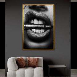 canvas print bullet between your teeth, sexy lips artwork, unique artprint, edgy wall decor