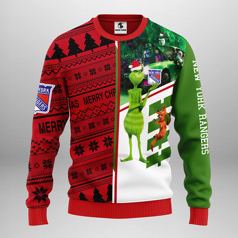 NHL New York Rangers Grinch & Scooby-doo Ugly Hoodie 3D Zip Hoodie 3D Ugly Christmas Sweater 3D Fleece Hoodie