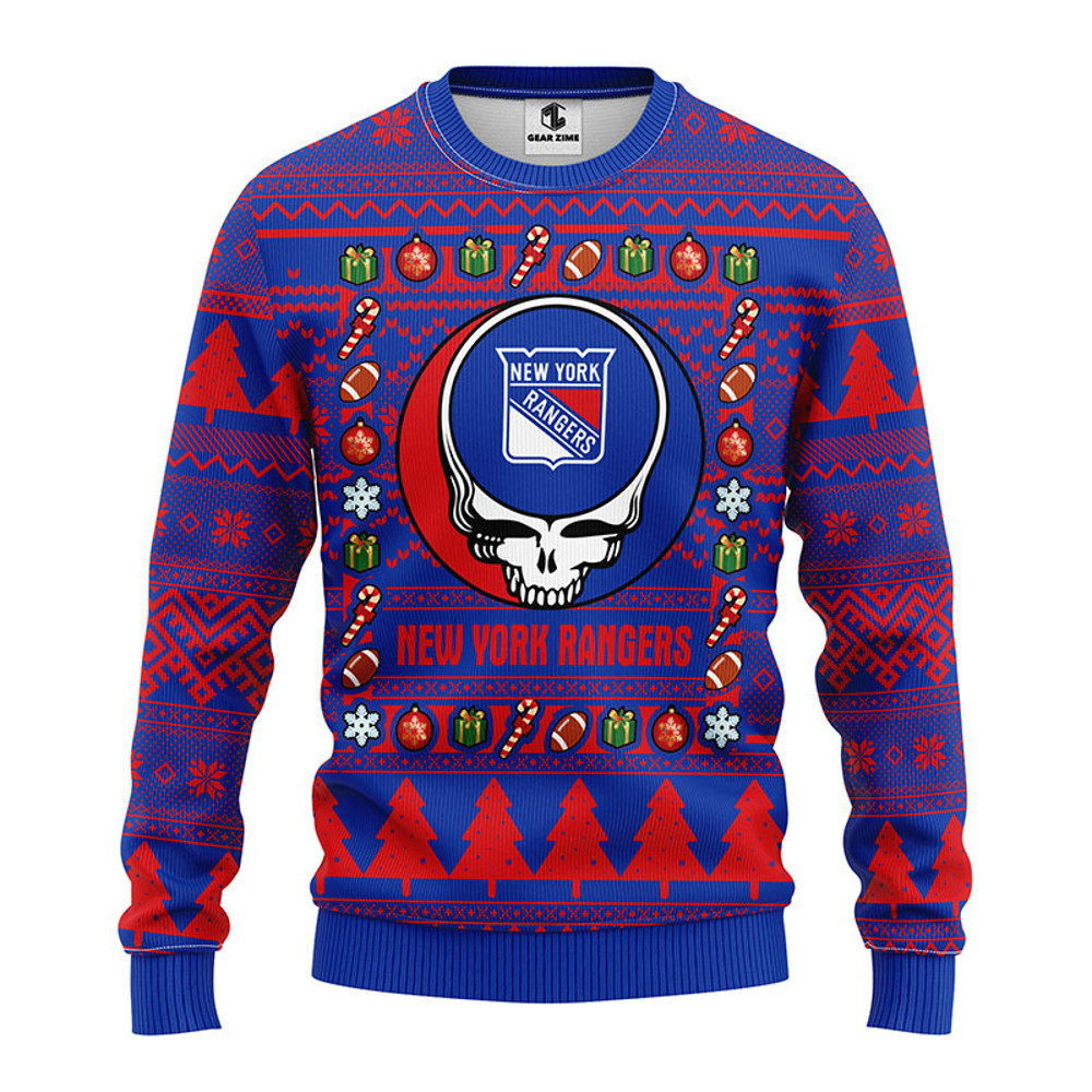 NHL New York Rangers Grateful Dead Ugly Hoodie 3D Zip Hoodie 3D Ugly Christmas Sweater 3D Fleece Hoodie