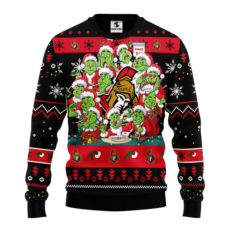 NHL Ottawa Senators 12 Grinch Ugly Hoodie 3D Zip Hoodie 3D Ugly Christmas Sweater 3D Fleece Hoodie