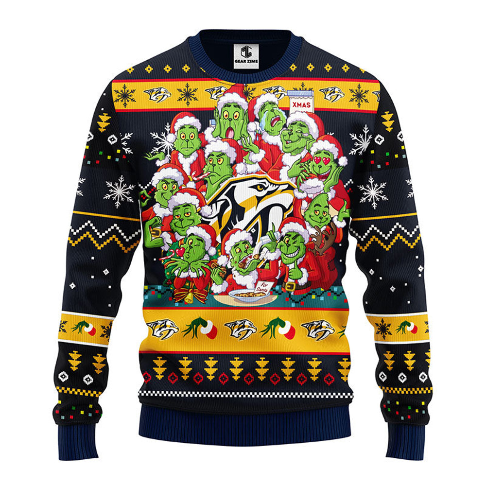 NHL Nashville Predators 12 Grinch Ugly Hoodie 3D Zip Hoodie 3D Ugly Christmas Sweater 3D Fleece Hoodie