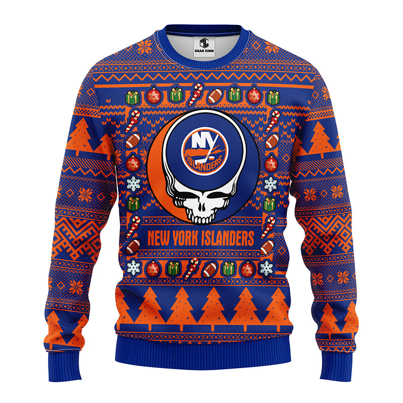 NHL New York Islanders Grateful Dead Ugly Hoodie 3D Zip Hoodie 3D Ugly Christmas Sweater 3D Fleece Hoodie