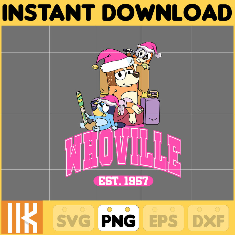 Pink Blue Dog & Christmas Png, Blue Dog and Family Png, Christmas Cartoon Png, Funny Christmas 2023 Png, Pink Christmas Png File (1).jpg