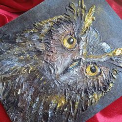 Original acrylic art painting Owl. Relief, gold leaf, art resin.
