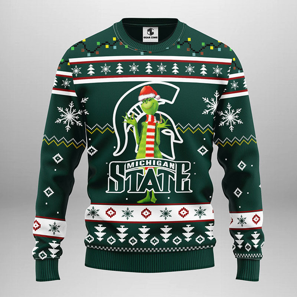 NCAA Michigan State Spartans Funny Grinch Ugly Hoodie 3D Zip Hoodie 3D Ugly Christmas Sweater 3D Fleece Hoodie