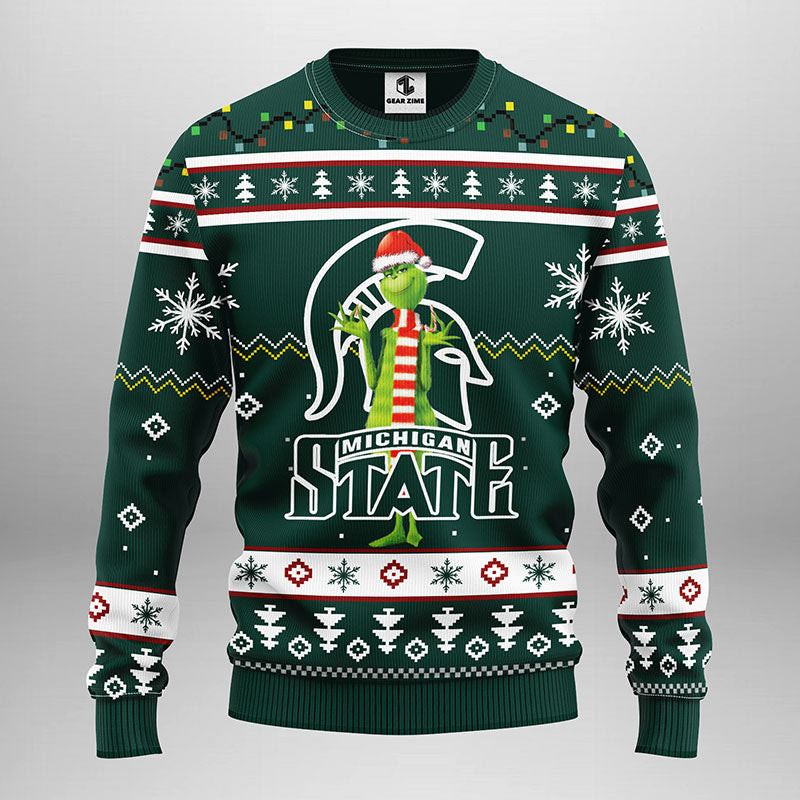 NCAA Michigan State Spartans Funny Grinch Ugly Hoodie 3D Zip Hoodie 3D Ugly Christmas Sweater 3D Fleece Hoodie