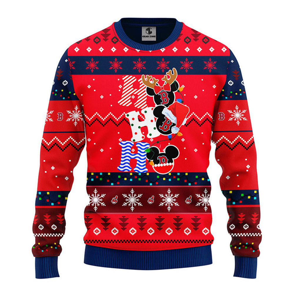 MLB Boston Red Sox Hohoho Mickey Ugly Hoodie 3D Zip Hoodie 3D Ugly Christmas Sweater 3D Fleece Hoodie