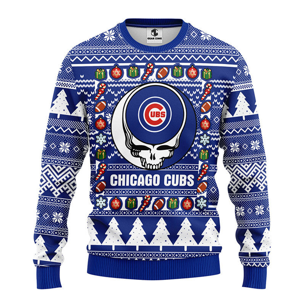 MLB Chicago Cubs Grateful Dead Ugly Hoodie 3D Zip Hoodie 3D Ugly Christmas Sweater 3D Fleece Hoodie