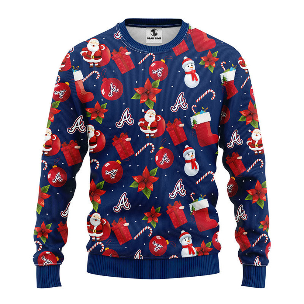 MLB Atlanta Braves Santa Claus Snowman Ugly Hoodie 3D Zip Hoodie 3D Ugly Christmas Sweater 3D Fleece Hoodie