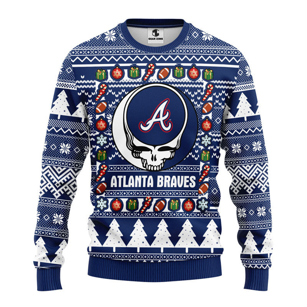 MLB Atlanta Braves Grateful Dead Ugly Hoodie 3D Zip Hoodie 3D Ugly Christmas Sweater 3D Fleece Hoodie