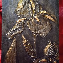 Original acrylic art painting of Ukrainian Iris. Relief, gold leaf on black