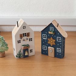 christmas mini wooden houses. holiday decor. miniature village. handmade winter houses.