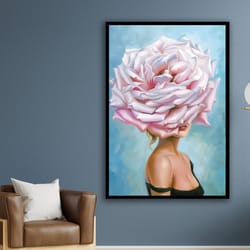 pink flower woman, pink rose woman, flower canvas print, floral canvas, fashion poster, wall art canvas design, framed c