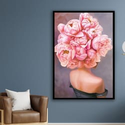 pink flower woman, pink rose woman, flower canvas print, floral canvas, fashion poster, wall art canvas design, framed c