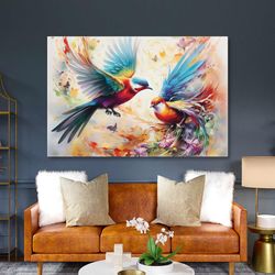 flowers surrounding pair of blue winged birds roll up canvas, stretched canvas art, framed wall art painting-1